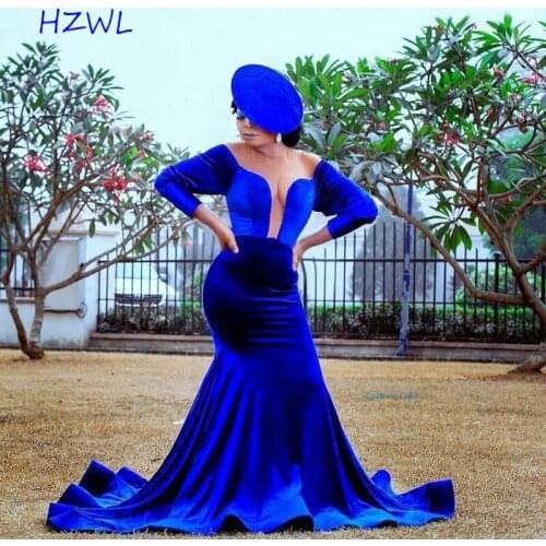 Aso Ebi Roya Blue Velvet Prom Dresses Plus Size Sheer Neck Long Sleeves Mermaid Evening Gowns South African Robe De Soiree