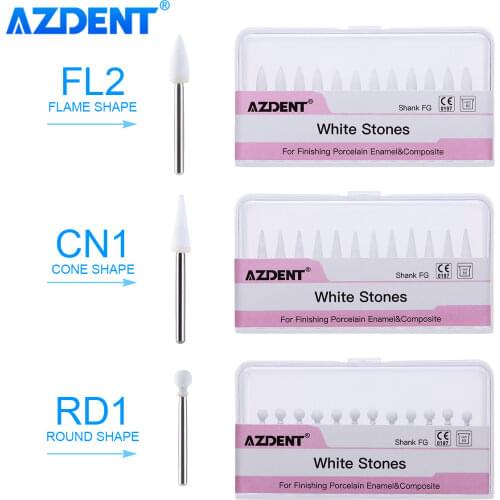 AZDENT 12pcs/pack Dental Flame Cone Round White Stone Polisher FG Burs for Polishing Dental Clinic Metal Resin Porcelain