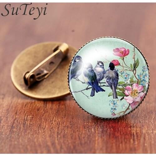 SUTEYI Small bird on the branches Image Brooch Pins Charms Print Cut Art Glass Cabochon Brooches For Party Women Jewelry Gift