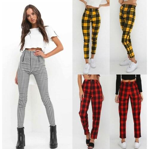 2020 New Women Fashion Pants High Waist Elastic Zipper Sexy Pant Plaid Casual Trousers