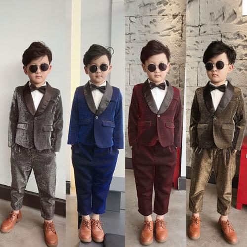 Childrens Formal Suits Set Flower Boys Catwalk Party Wedding Piano Show Costume Kids Blazer Pants 2pcs Clothing Sets