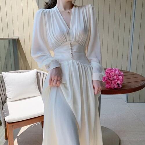 Elegant Dress Women Solid Long Sleeve Fairy Party Dress Office Lady Sexy V-Neck Loose Midi Dress 2021 Spring Clothing Large size