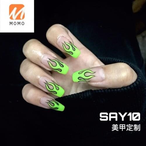 Handmade Finished Manicure Wear Nail Tip Flame Fluorescent Yellow Green European and American Style