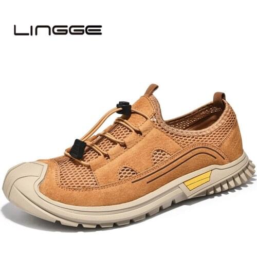 LINGGE New Breathable Men Casual Shoes High Quality Cow Suede Handmade Sneakers Lightweight Loafers Driving Shoes Big Size 38-45