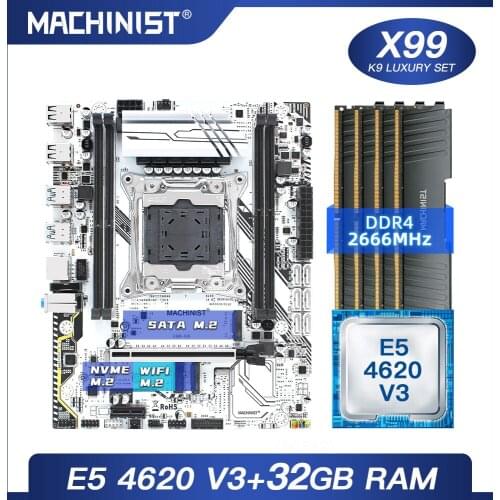MACHINIST X99 motherboard LGA 2011-3 set kit with Intel xeon E5 4620 V3 processor DDR4 32G(4*8G) 2666MHz RAM memory M-ATX X99-K9