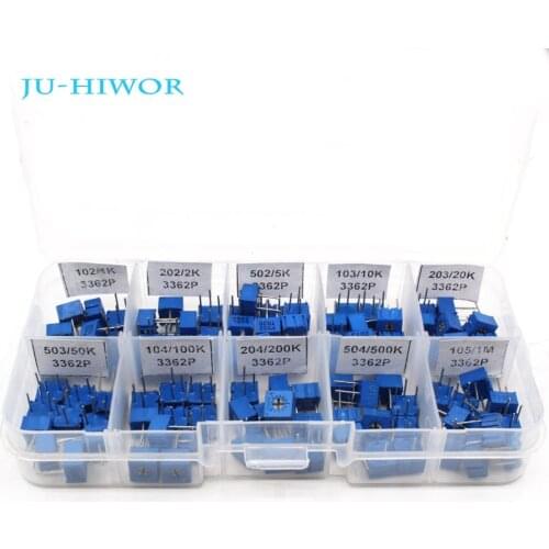 100pcs 3362P Multiturn Trimming Potentiometers Kit Potentiometer Pack High Precision 3362 Variable Resistor With Box 10 Values