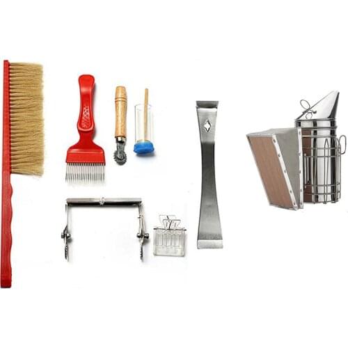 8 in 1 Beekeeping Tool Kit Set Stainless Steel Beekeeping Bee Hive Smoker Kit Bee Hive Smoker Brush Scraper Equipment Tools Set