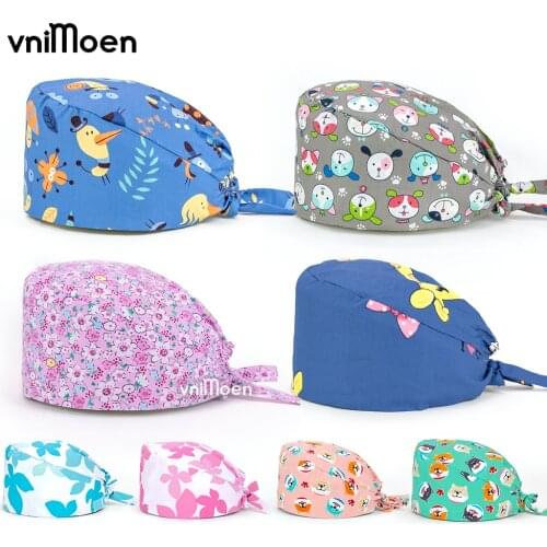 New Breathable Sweat cartoon cotton printing adjustable Scrub hats Medici infermiera chirurgia scrubs cap wholesale 24h delivery