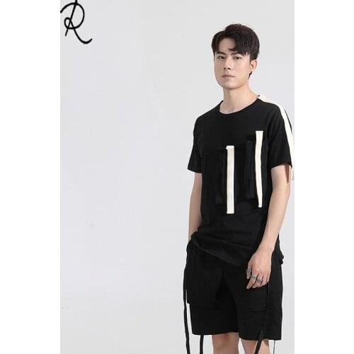 Fashion Mens summer dark department personality collision yarn-dyed Ribbon Patchwork Slim round-necked short-sleeved t-shirt me