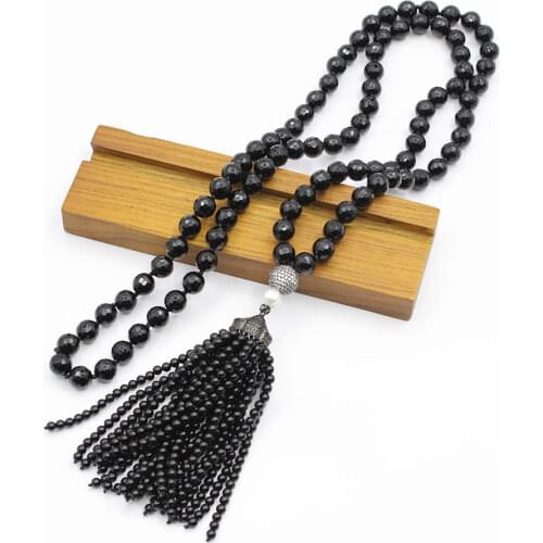 GG Jewelry 40'' 8mm Faceted Onyx White Pearl Necklace CZ Pave Pendant Long Necklace For Women