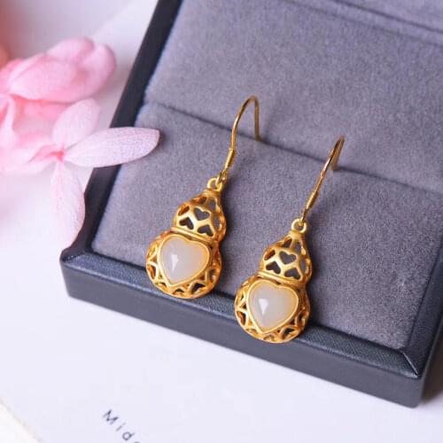 S925 Sterling Silver Hollow Love Auspicious Gourd Earrings Natural Hetian Jade White Jade Heart-Shaped Earrings Palace Ornament