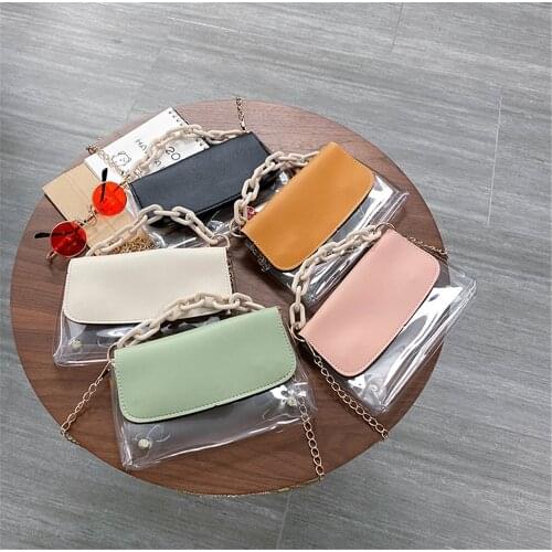 Transparent Cosmetic Bag For Ladies 2021 New All-Match Fashion Trend Stitching Chain Messenger Bag Simple Luxury Pure Color