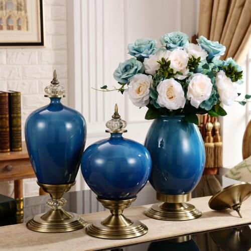 Luxury European Home Ceramic Vase Craft Decoration Blue Ice Crack Vase Figurine Livingroom Desktop Porcelain Flower Pot Ornament