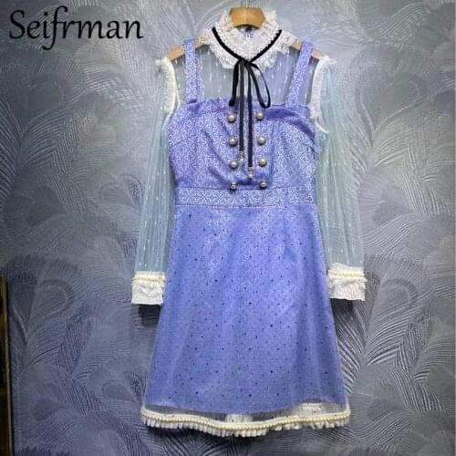 Seifrmann New 2020 Summer Women Fashion Designer Party A-Line Dress Long Sleeve Lace Bow Beading Elegant Ladies Mesh Dresses