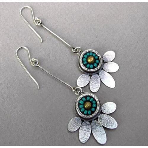 Boho Lovely Tiny Blue Beads Flower Earrings Tribal Jewelry Silver Color Blooming Floral Petals Long Hook Earrings Gifts