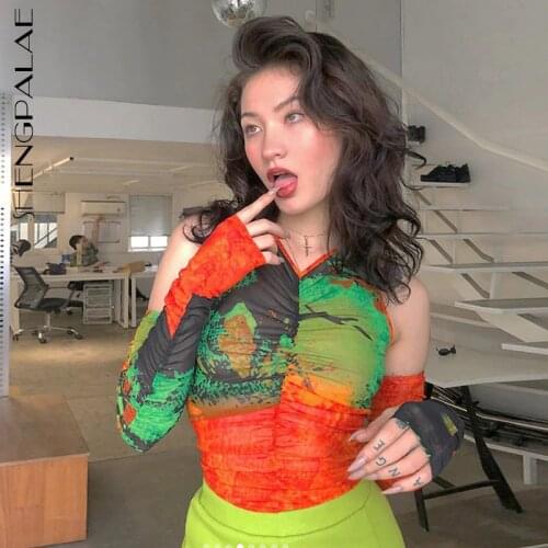 SHENGPALAE Streetwear Contrast Color Patchwork Tops Womens Summer 2021 New V-neck Slim Thin Mesh Long Sleeve T-shirt Female