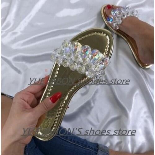 Rome Gold Sandals Summer New Women Cute Slippers Open Toe Flats Bling Crystal Shoes Ladies Outdoor Beach Flip Flops Female 2021