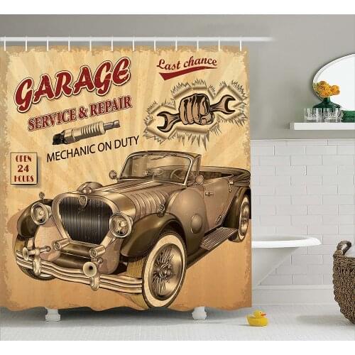 Vintage Shower Curtain Nostalgic Car Figure with Garage Service and Repair Store Phrase Dated Faded Bath Curtains For Bathroom