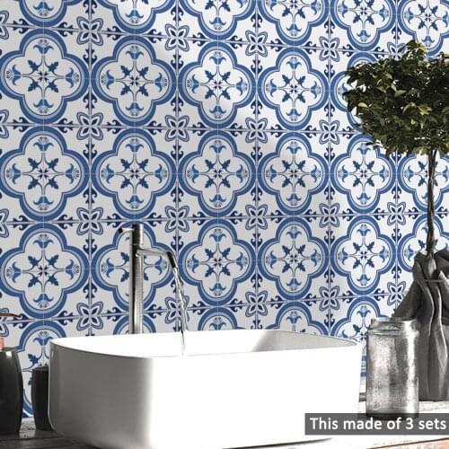Waterproof High Quality Portuguese Blue Pattern Bathroom Kitchen Living Room Home Decor Tiles Wall Stickers Waist Line Wallpaper