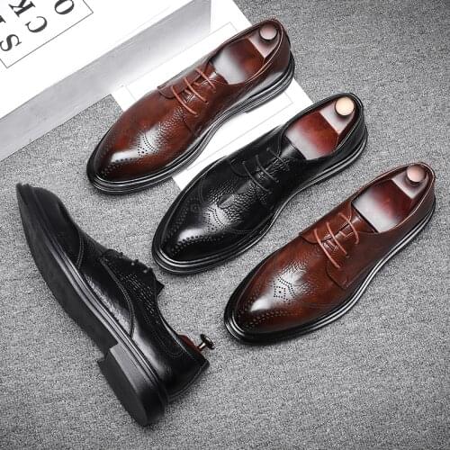 Yomior New Vintage Men Casual Shoes Business Formal Dress Leather Shoes British Wedding Loafers Pointed Toe Brogue Shoes Oxfords