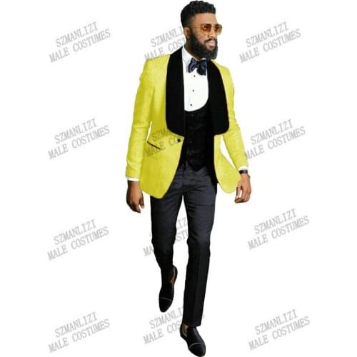 Yellow Jacquard Mens 3-Pieces Suit Slim Fit One Button Formal Dress Suit Tuxedo 3 Pieces Men Suits For Wedding Costume Homme