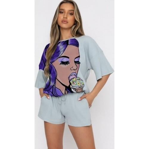 Shorts Two Piece Set Women O Neck Tops And Drawstring Pant Suit Fashion Girl Print Ribbed Loose Lounge Home Wear 2 Piece Outfits