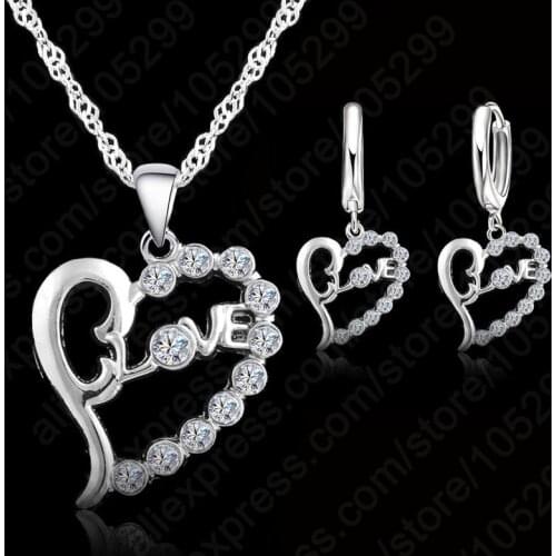 Classic Heart Cubic Zircon Pendant Necklace Drop Earring Jewelry Sets 925 Sterling Silver for Women Wedding Wholesale