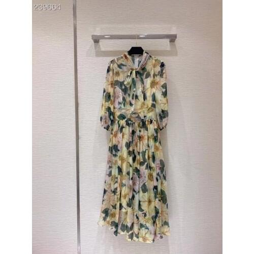 Fyion Runway Fashion Autumn Chiffon Wrist Dress Womens Elegant Bow Collar Flower Print Holiday Long Dresses