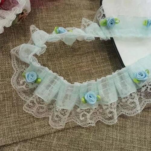 1Yard Latest Sky Blue Rose Lace Fabric 4.8cm Flower Ribbon Laces Fabric Sewing Collar Guipure Tulle Lace Trim encaje dentelle V5