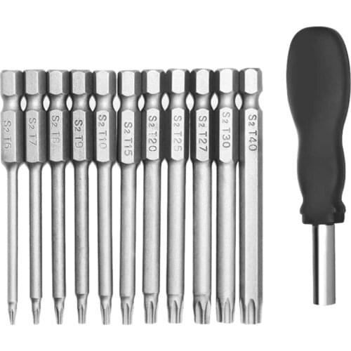 11 Pack 75mm Torx Head Screwdriver Bit Set 1/4 Inch Hex Shank T6-T40 Star Screwdriver Tool Kit with 1 Pack Handle