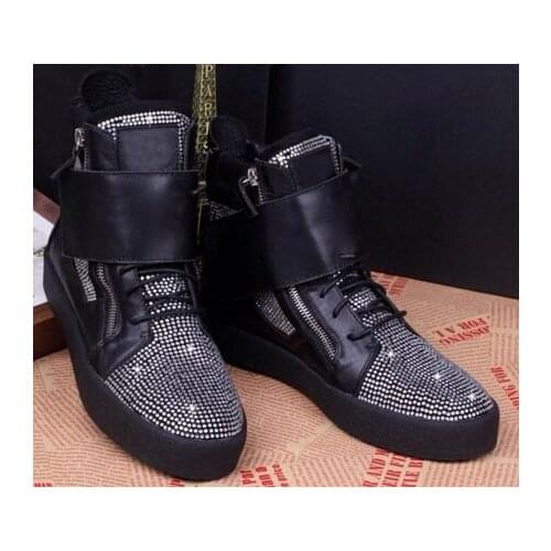2016 Bling Bling Men Rhinestone Sneaker Hook & Loop Lace-up Casual Shoes Shiny Flats Unisex Sneaker Suit for Both Men and Women