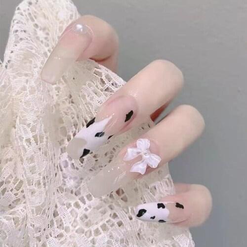2021 24pcs Bow Nail Patch Cow Pattern Glue Type Removable Long Paragraph Fashion Manicure Save Time False Nail Patch