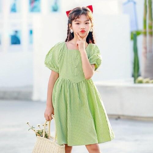 2021 Summer New Plaid Dress Bubble Big Childrens Square Collar Solid Girls Dress Kids Clothes