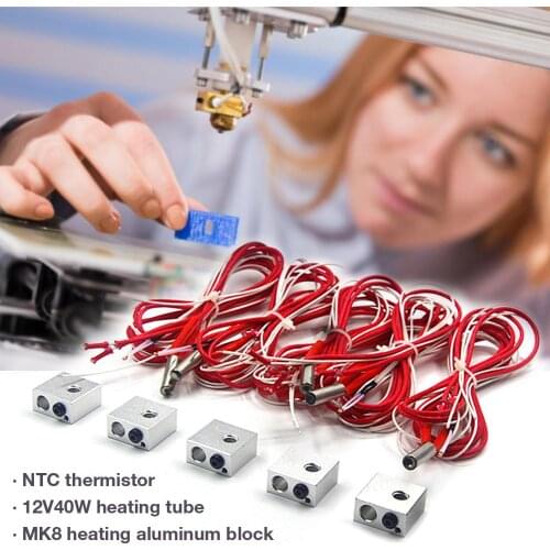 3D Printer Accessories 12V40W Heating Tube Heat Pipe Thermistor MK8 Print Head Heating Aluminum Block