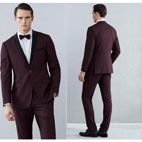 Shawl Claret Mens Suits Tuxedos Bridegroom Wedding Suit Formal Men Tuxedos Black And Red Jackets (Jacket+Pants+Bow Tie)