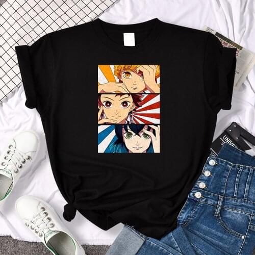 Womens T-Shirt Anime Demon Slayer Kamado Tanjirou Squad Print Tshirt Famale Oversized Loose Casual O-Neck Tops Cozy Soft Tshirts
