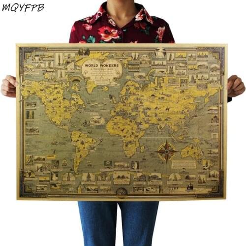 Map Of The World Architectural Miracle Landmark Kraft Paper Poster Home Decoration Painting Wall Sticker 68x51.5cm