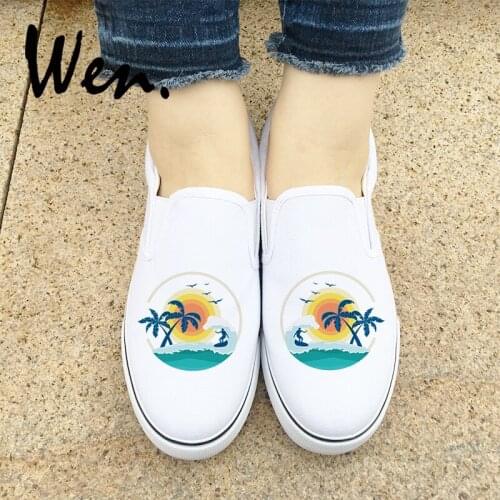 Wen Design Summer Style Coconut Palm Tree Sunshine Beach Surfing White Black Slip On Shoes Unisex Canvas Sneakers Plimsolls