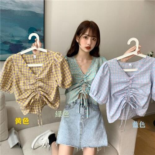 Sweet Puff Sleeve Casual Blouse V Collar Slim Fit Korean Style Women Shirt Short Sleeve Summer Clothing