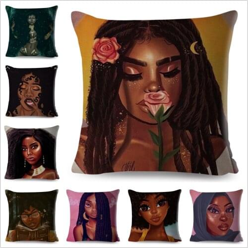 Cartoon Africa Girl Colorful Black Women Beautiful Pillow Case Polyester Decor Cushion Cover for Sofa Car Home Pillowcase 45x45