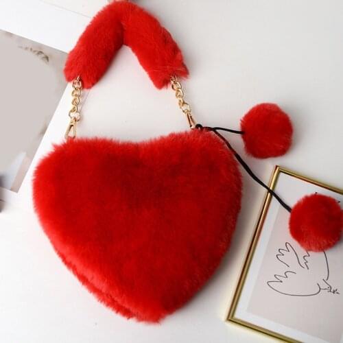 2021 New Fashion Womens Heart Shaped Faux Fur Crossbody Wallet Purse Chain Shoulder Bag Lady Handbag