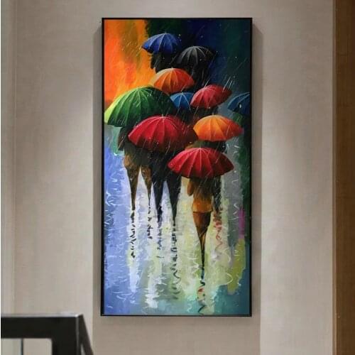 Landscape Colorful Umbrella Oil Painting In Rainy Night Abstract On Canvas Wall Art Poster And Prints Picture Living Room Decor