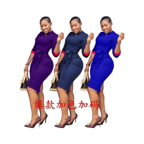 DD European and American sexy womens new autumn and winter solid color splicing dress