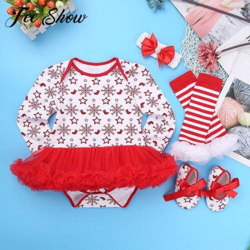 Infant Baby Girls Christmas Xmas Outfits Clothes Toddler Girl Snowflake Printed Long Sleeves Romper + Headband Leg Warmer Shoes