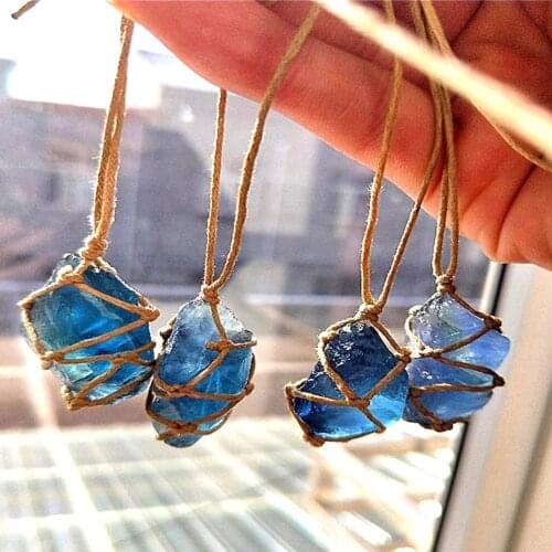 Handmade Irregular Rope Knitted Wrapped Natural Quartz Fluorite Stone Hanging Pendant Home Ornament For Unisex Personality Gift