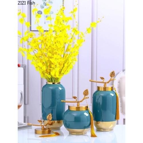 Blue Ceramic Vase Metal Cover Storage Jar Flower Arrangement Glaze Porcelain Vases Desk Decoration Flower Pot Home Decor Modern
