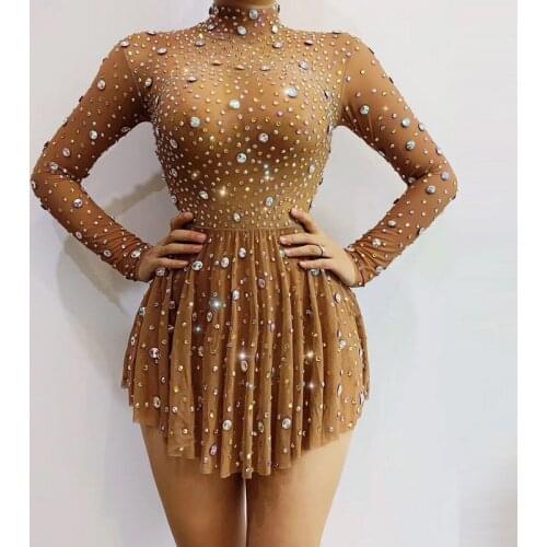 Rhinestones Long Sleeve Mini Dress Crystal Dance Costume Women Birthday Celebrate Party Bodysuits Outfit Show Stage Wear