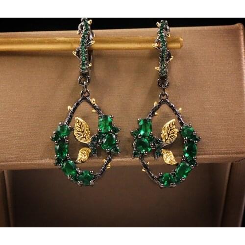 CIZEVA Bohemia Jewelry Retro 925 Sterling Silver Plant Butterfly Emerald Drop Earrings Womens Black Gold Filled Dangle Earrings