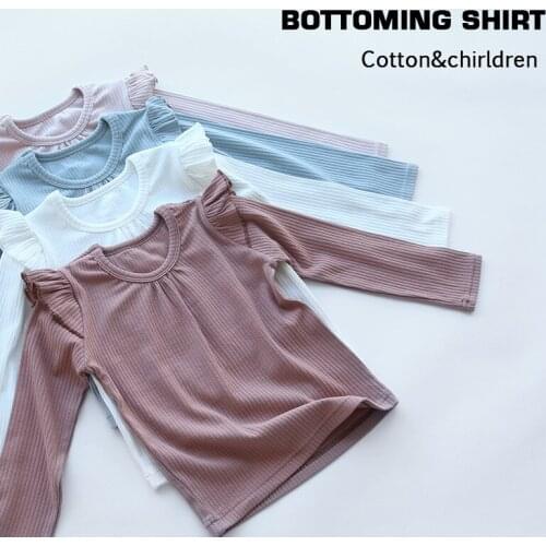 2021 New Arrival Autumn and Spring Girls T-shirt Ribbed Cotton Long-sleeve Tee Princess Ruffles Blouse Children Clothing