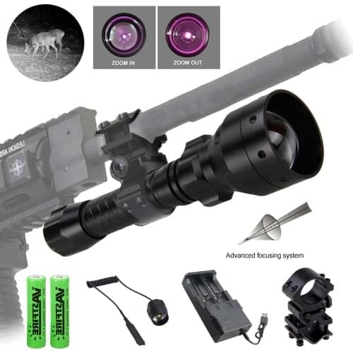 940nm Night Vision Zoomable Hunting Flashlight Infrared Radiation Lamp Tactical Torch +Scope Mount+2*18650 Battery+Charger